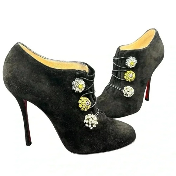 Christian Louboutin Bootini MJ 100mm Black Suede Crystal Button Ankle Boots 37 - Picture 8 of 16
